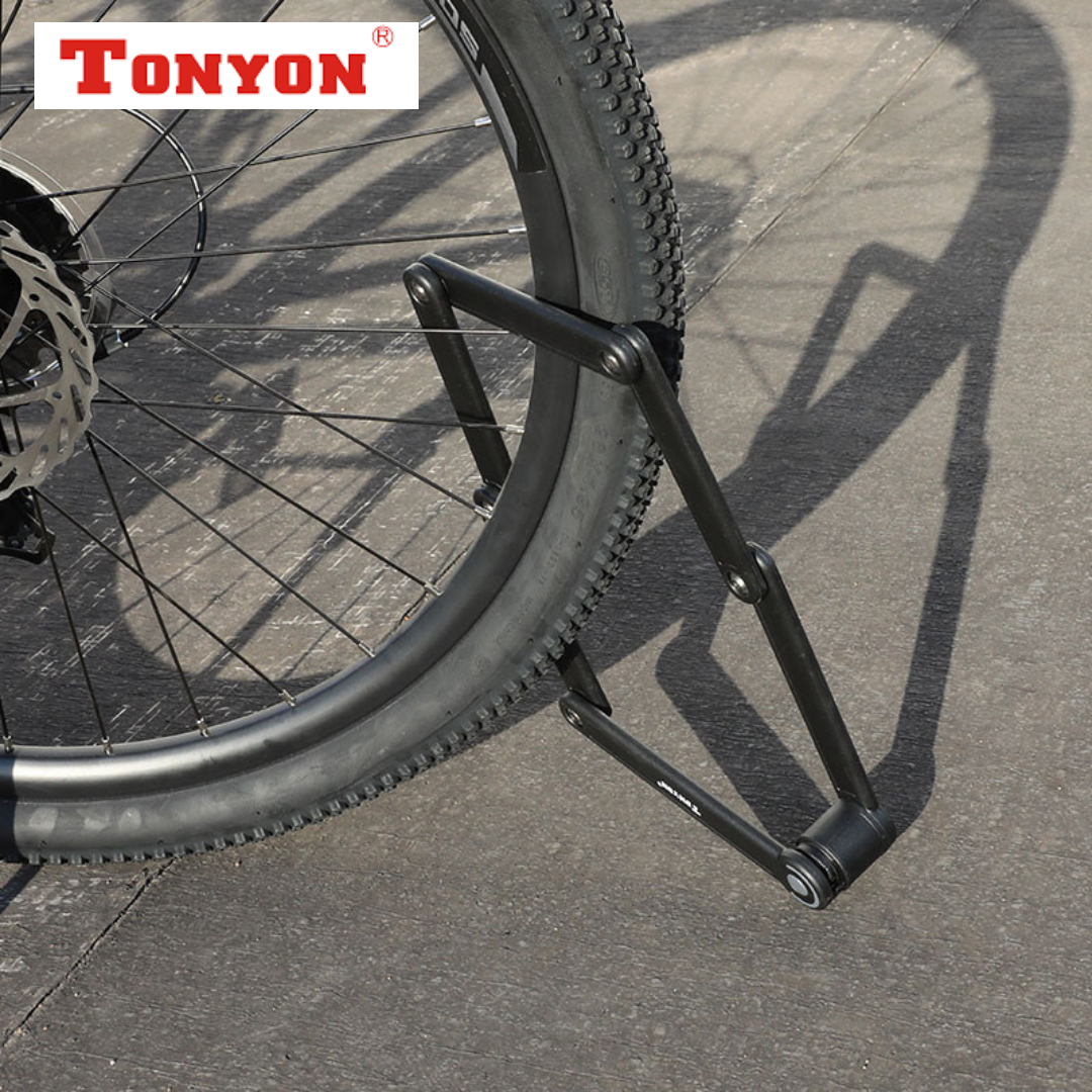 Tonyon folding lock securing a bike wheel to the frame