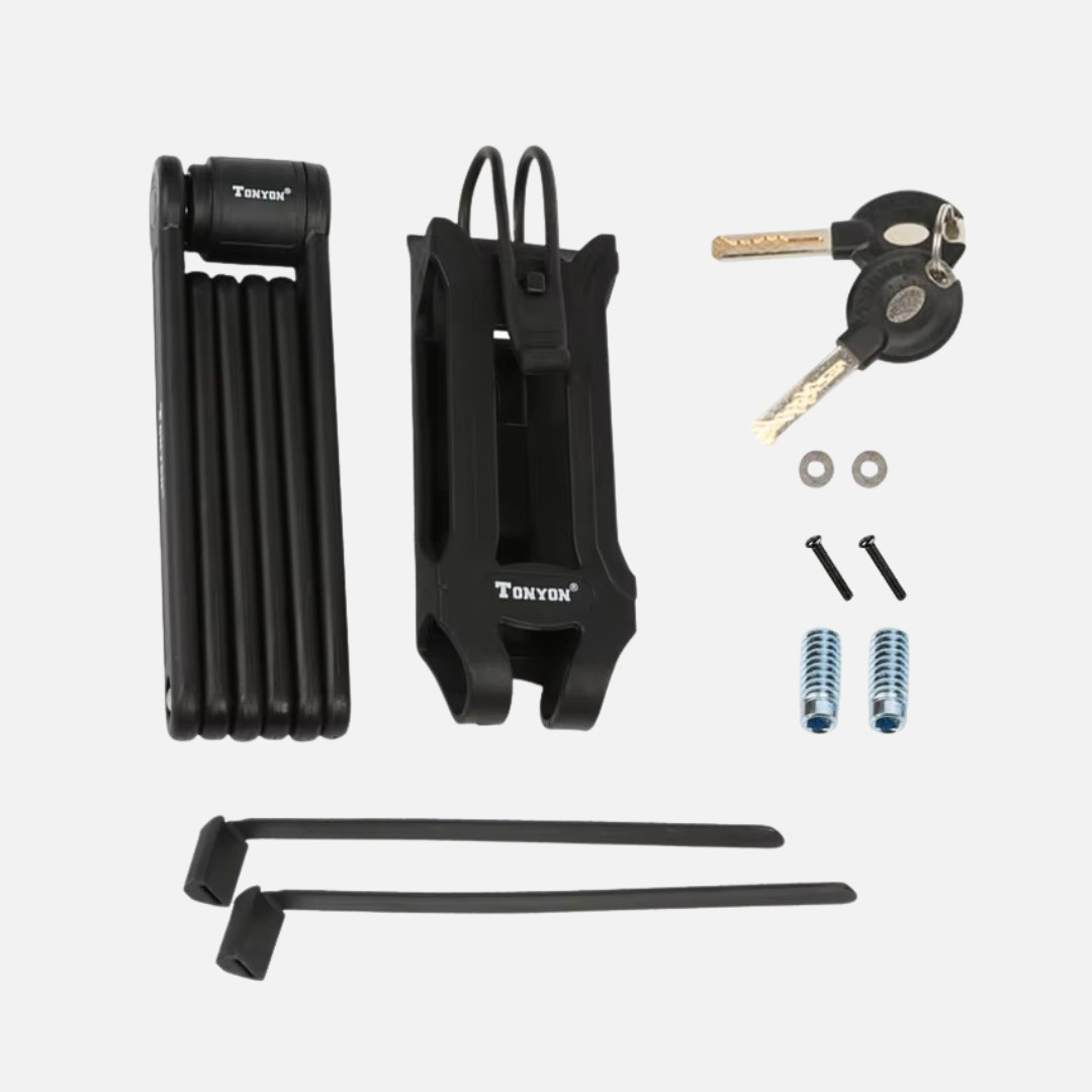 Tonyon lock kit flat lay with mounting bracket, keys, straps and screws