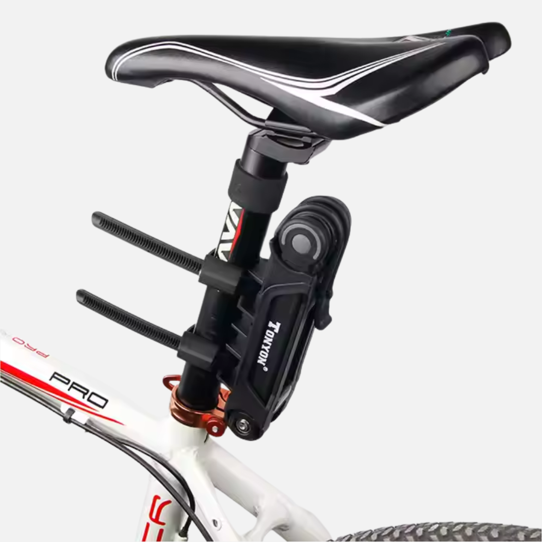 Tonyon folding lock mounted on an e-bike seat post using the bracket