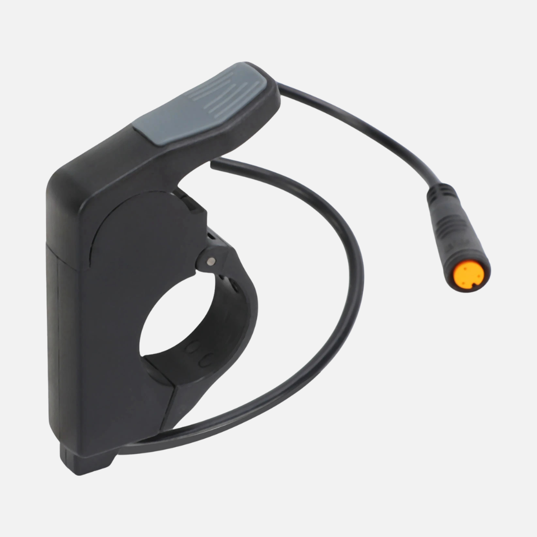 Electric bike thumb throttle showing lever and handlebar clamp