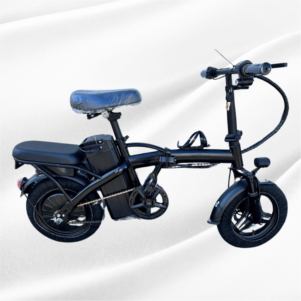 Side view of foldable electric bike with wide saddle and mechanical disc brakes