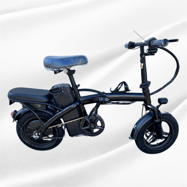 Side view of foldable electric bike with wide saddle and mechanical disc brakes