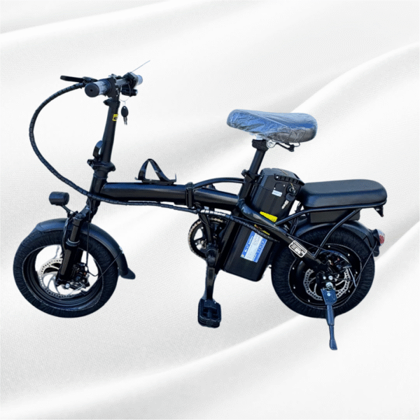 Side view of foldable electric bike with wide saddle and mechanical disc brakes