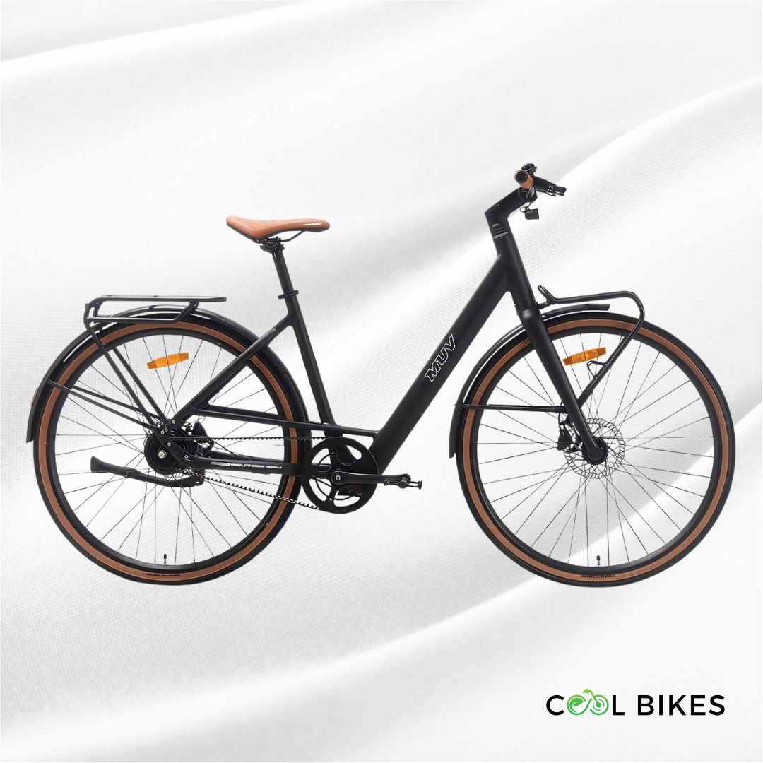 MUV Delorean: rear-motor electric bike with front suspension and hydraulic brakes — ideal for Sydney commuters.