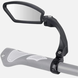 E-bike mirror handlebar mount, angled view showing curved arm and clamp