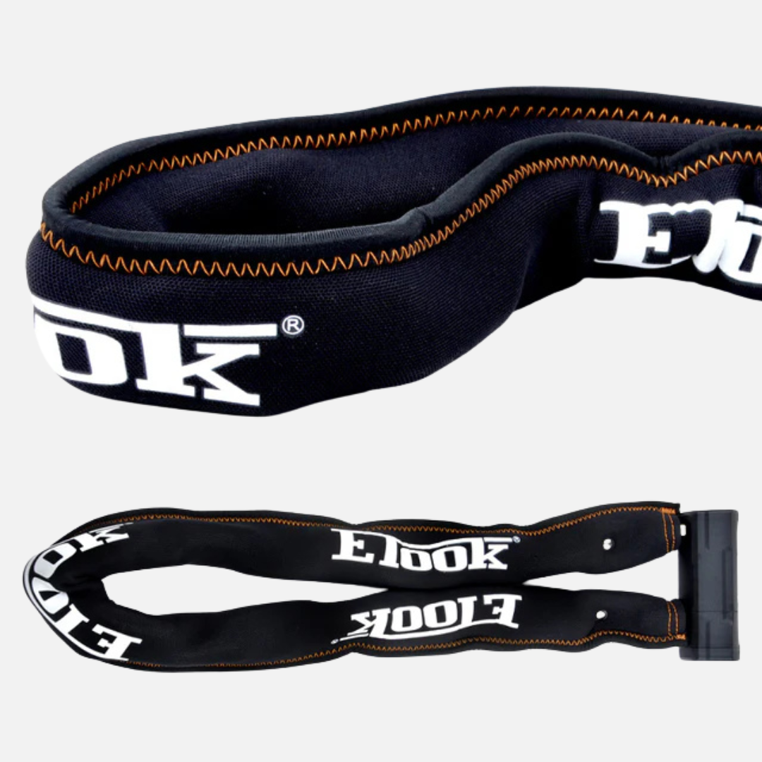 Close-up of the ETOOK Titan Ultra chain lock's woven nylon protective sleeve stitching, with the full chain shown below