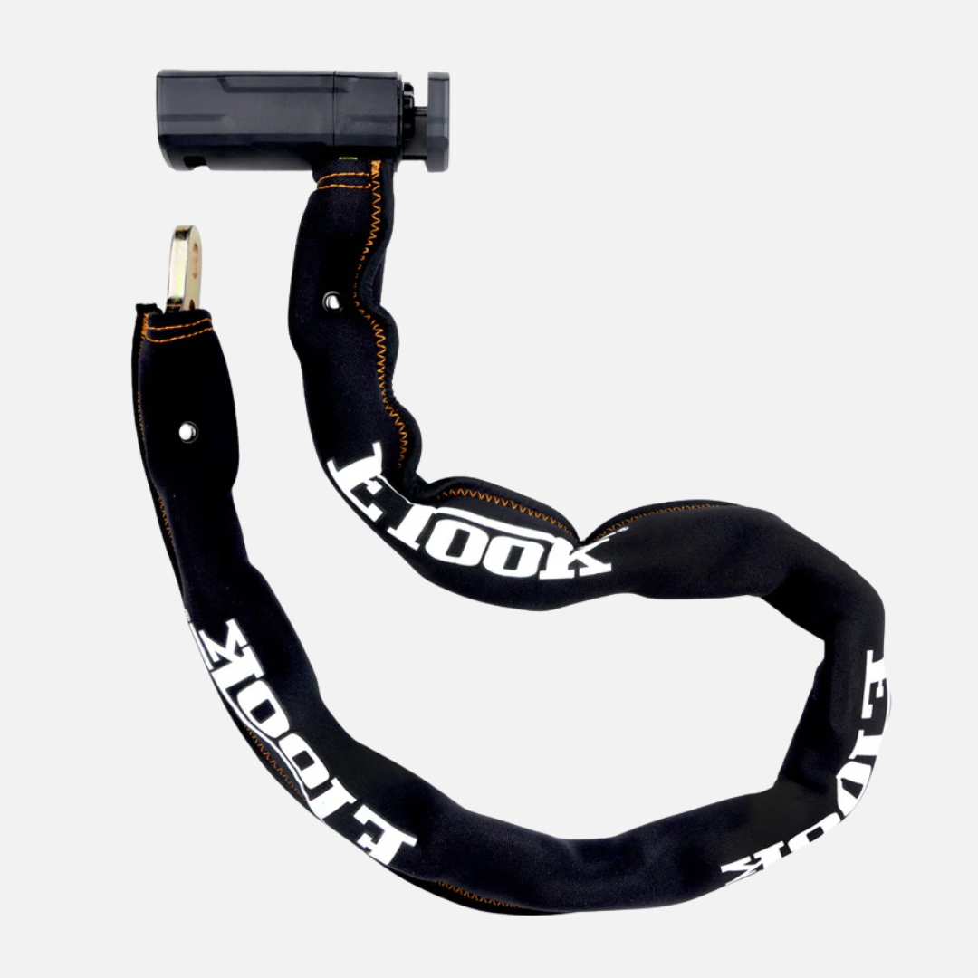 ETOOK Titan Ultra chain lock laid out fully open, showing the combination lock cylinder and hook fastening end