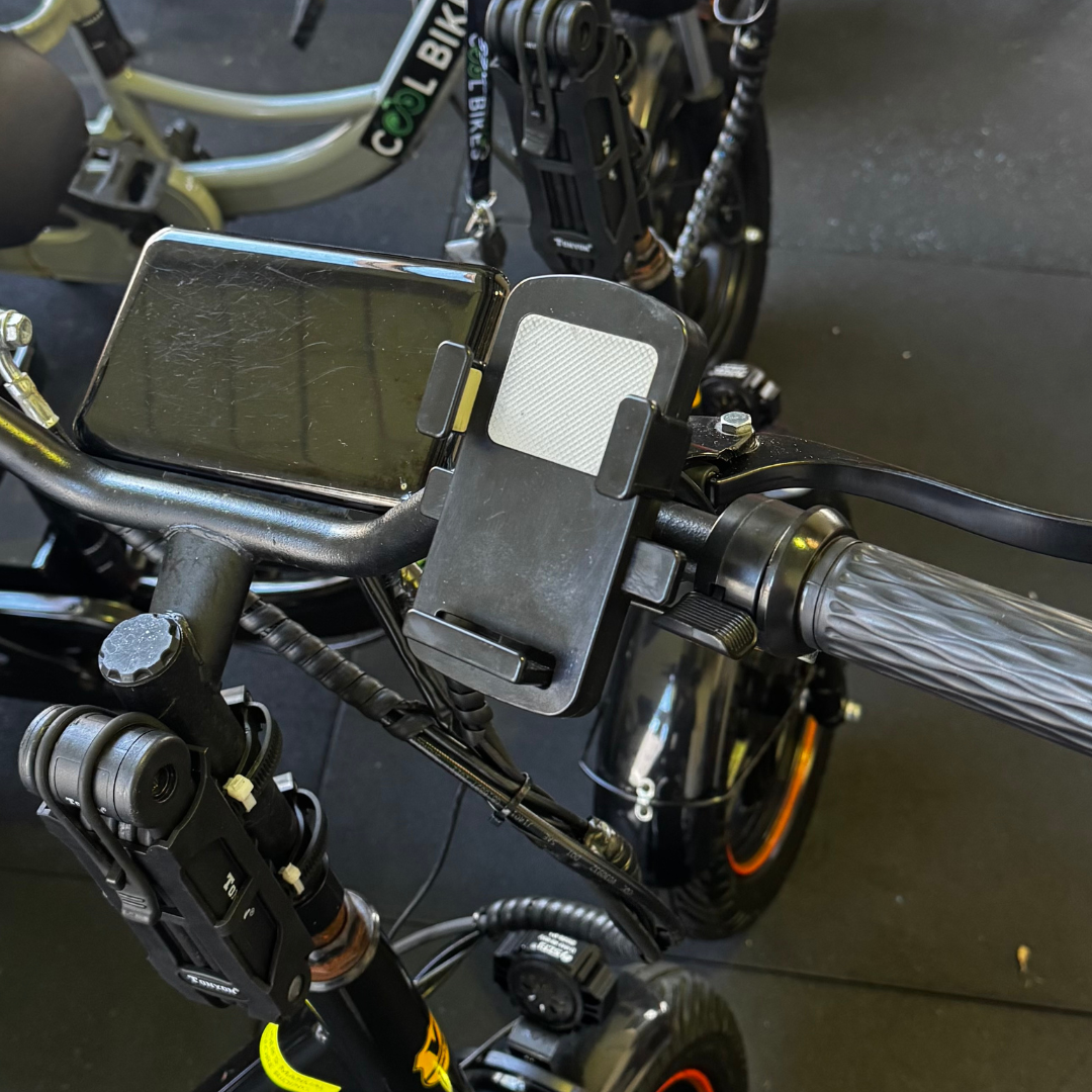 E-Bike Phone Holder with USB Charger fitted to a delivery e-bike handlebar — Cool Bikes Sydney workshop