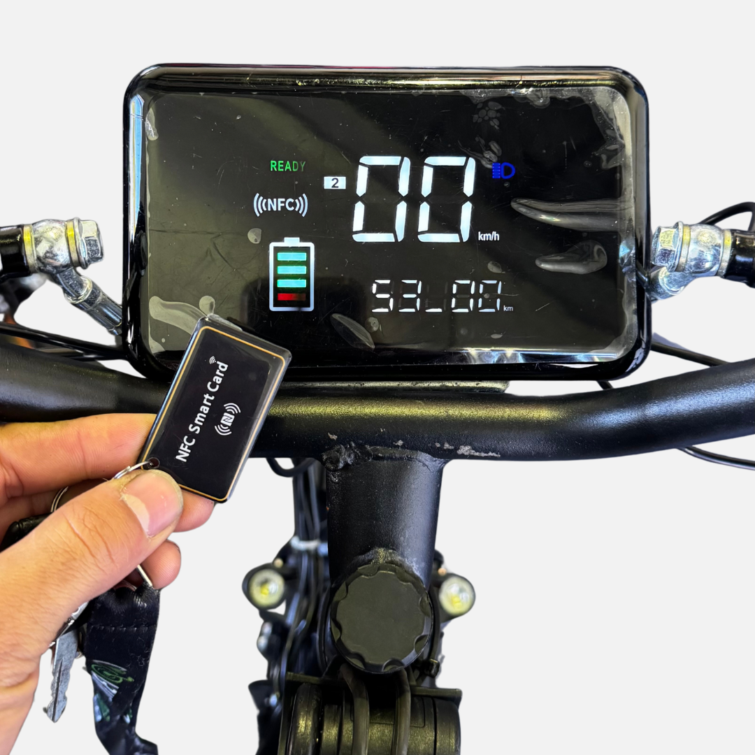 Tap-to-unlock: holding the NFC card near the display powers the system on