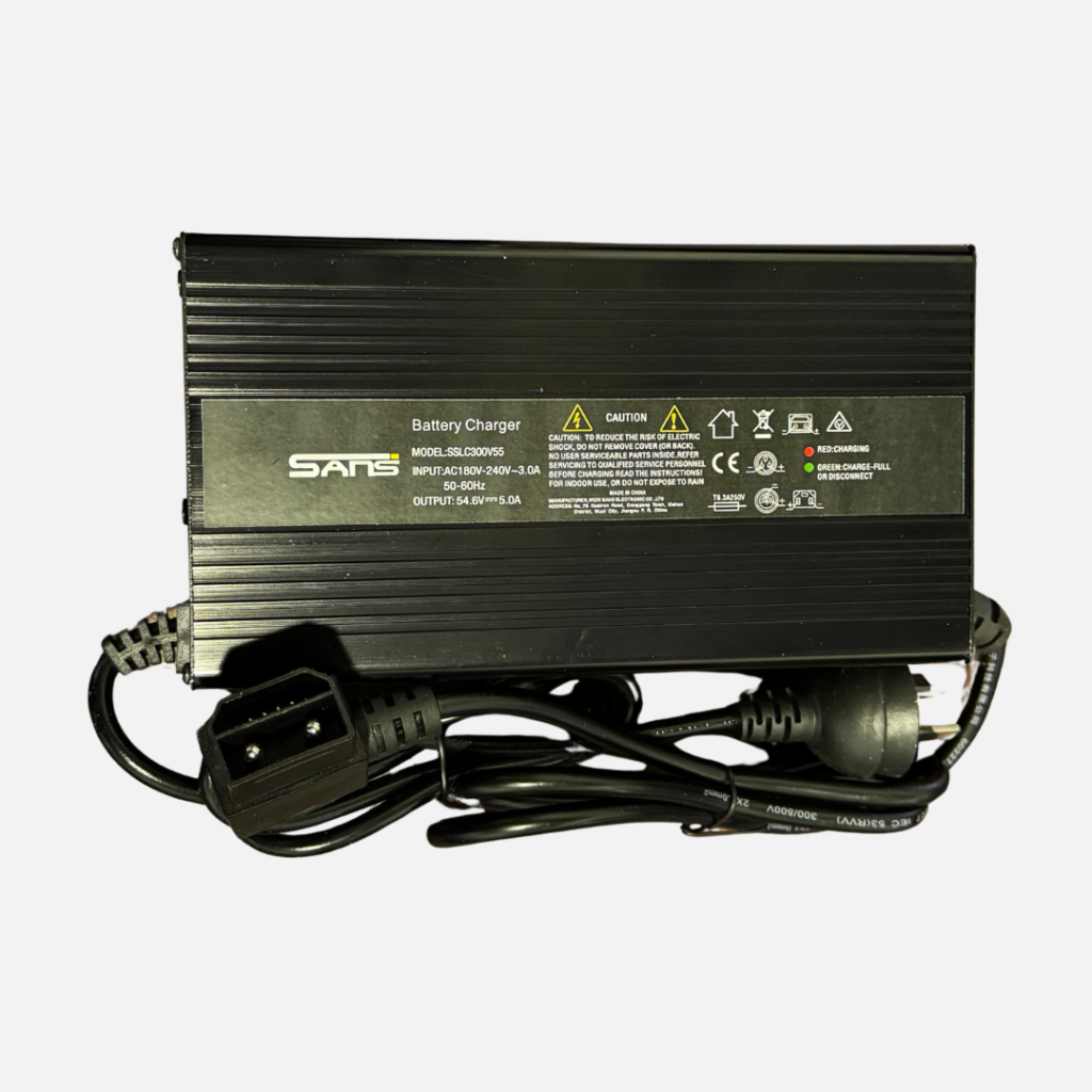SANS 54.6V 5A lithium e-bike battery charger with detachable IEC power cable and Australian mains plug