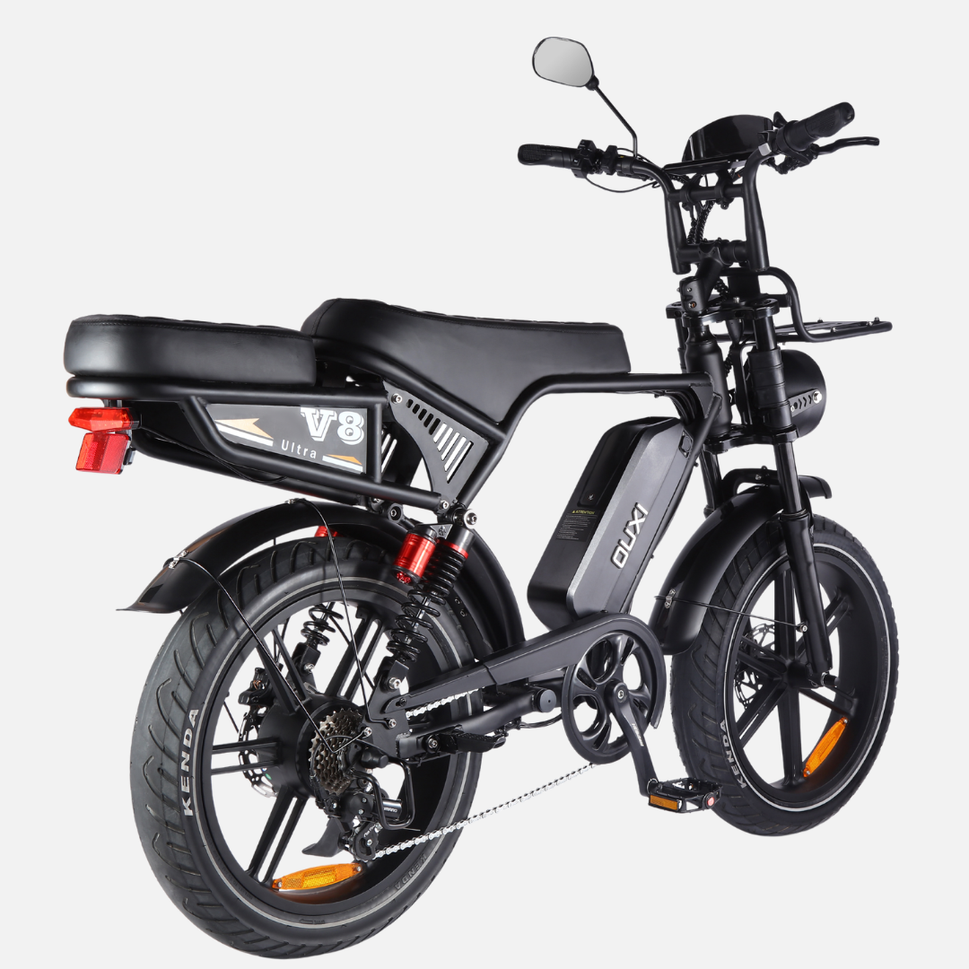 OUXI V8 Ultra electric bike - rear 3/4 view showing single 48V battery and rear cargo box