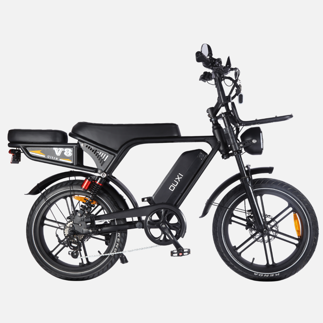 OUXI V8 Ultra electric bike - side profile view showing Shimano drivetrain and hydraulic brakes