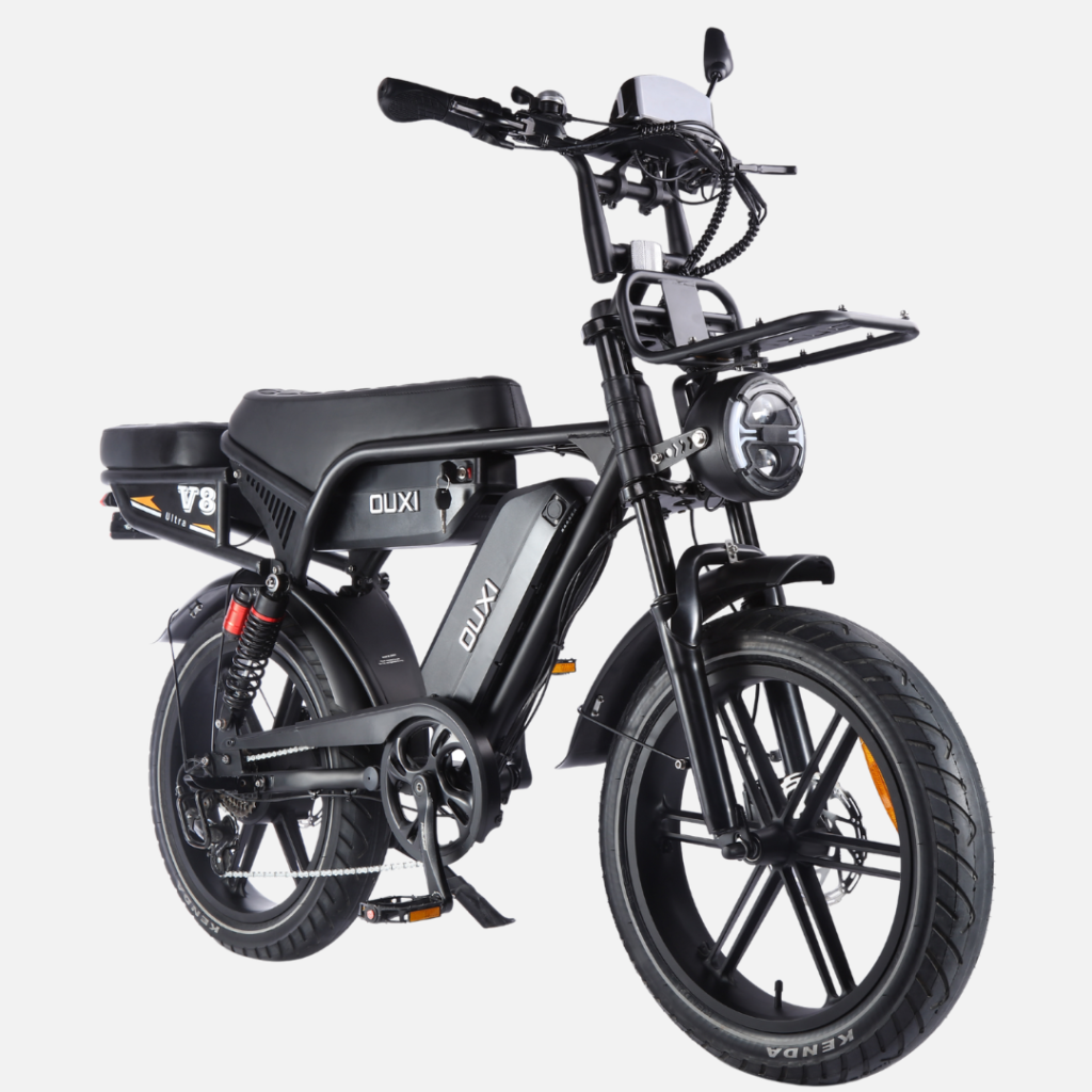 OUXI V8 Ultra Max dual battery electric bike - 3/4 front view, black