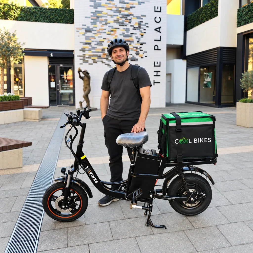 Helmeted delivery rider beside a rental e-bike with a Cool Bikes delivery bag.